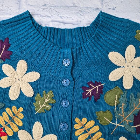 Teal Blue Green Fall Applique Cardigan by Classic Elements Ribbed Waist size XL - Picture 10 of 13